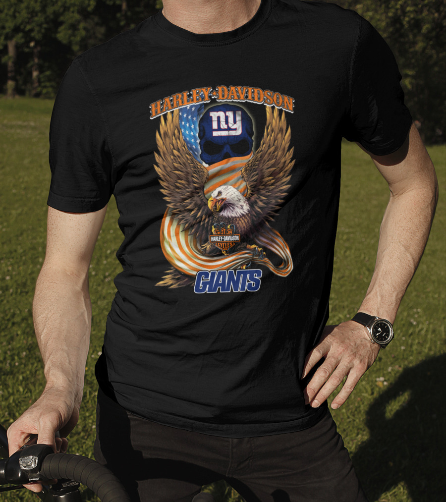 Harley Davidson New York Giants American Eagle Nfl Skull Usa Flag T-Shirt