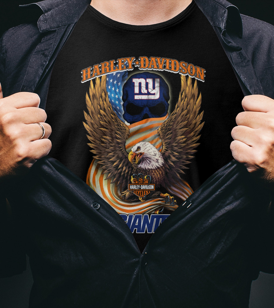 Harley Davidson New York Giants American Eagle Nfl Skull Usa Flag T-Shirt