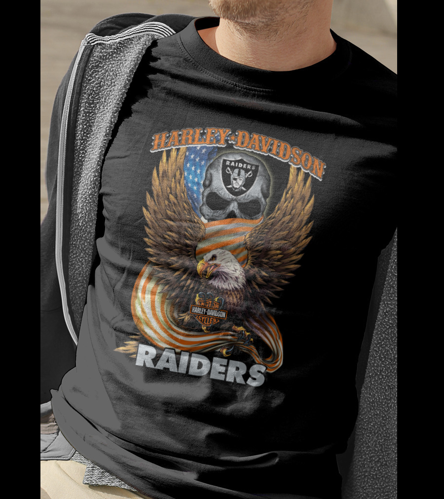 Harley Davidson Raiders Eagle American Flag Skull Nfl Oakland Raiders T-Shirt