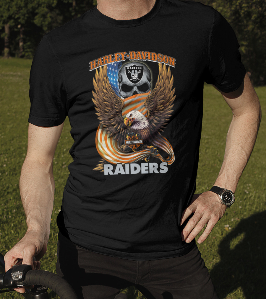 Harley Davidson Raiders Eagle American Flag Skull Nfl Oakland Raiders T-Shirt