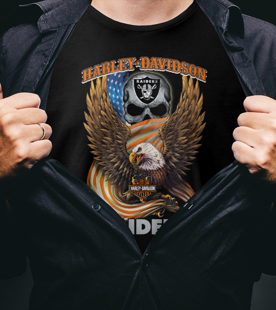 Harley Davidson Raiders Eagle American Flag Skull Nfl Oakland Raiders T-Shirt