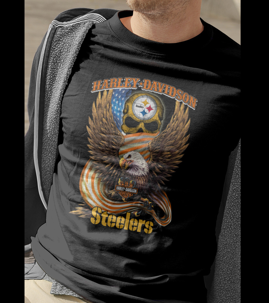 Harley Davidson Steelers Skull Eagle American Flag Pittsburgh Nfl T-Shirt
