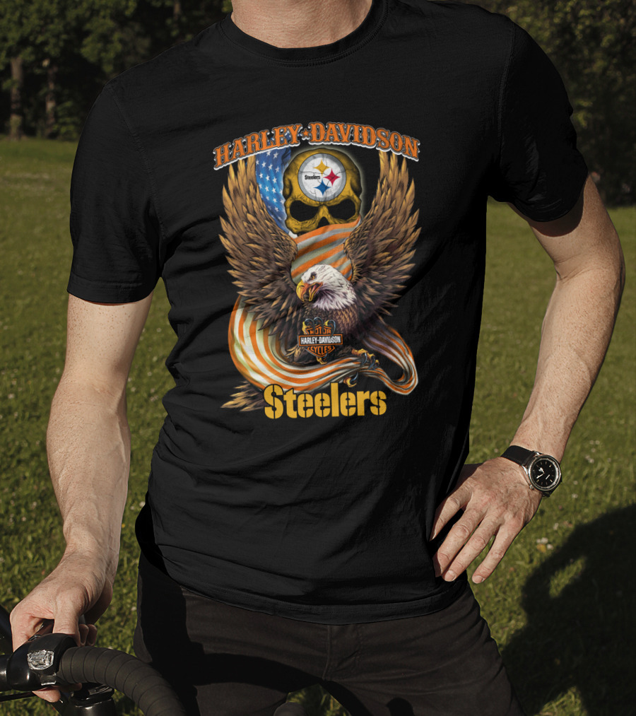 Harley Davidson Steelers Skull Eagle American Flag Pittsburgh Nfl T-Shirt