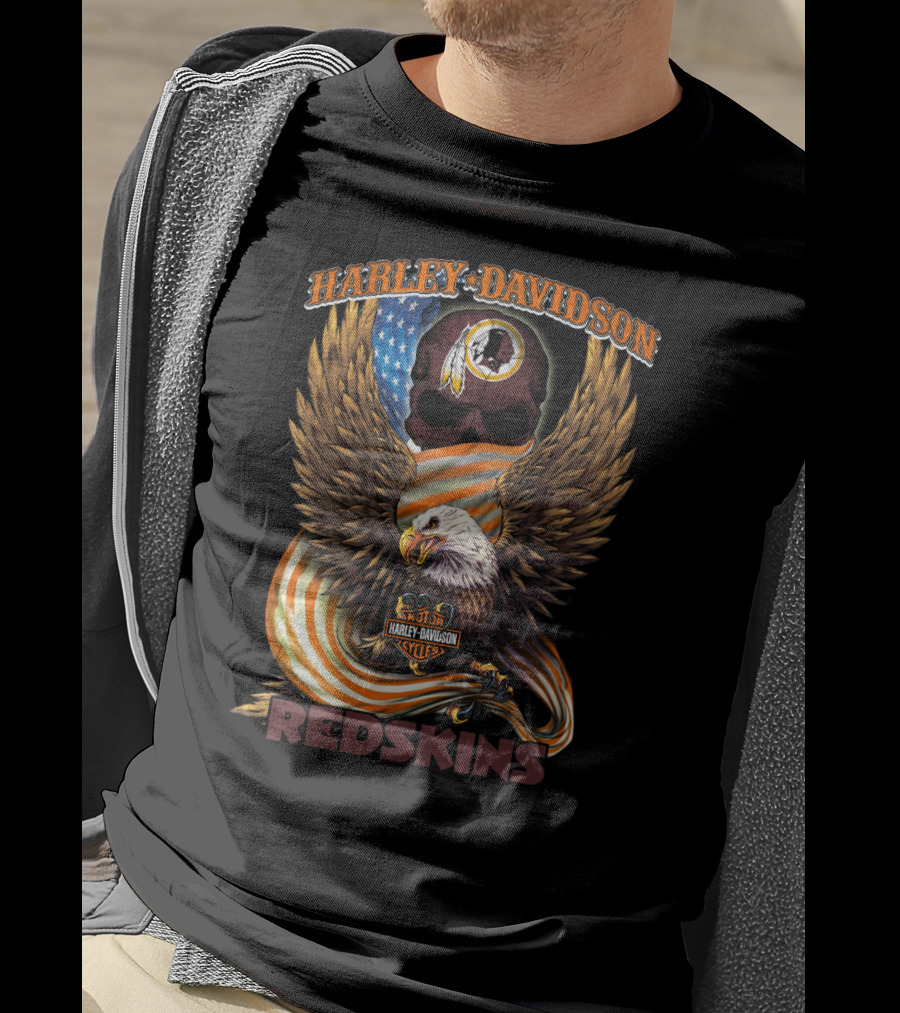 Harley Davidson Cycles Redskins Eagle And Skull Icon With American Flag T-Shirt
