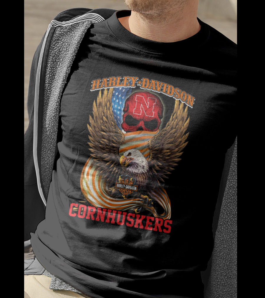 Harley Davidson Cornhuskers Nebraska Skull American Flag Eagle T-Shirt