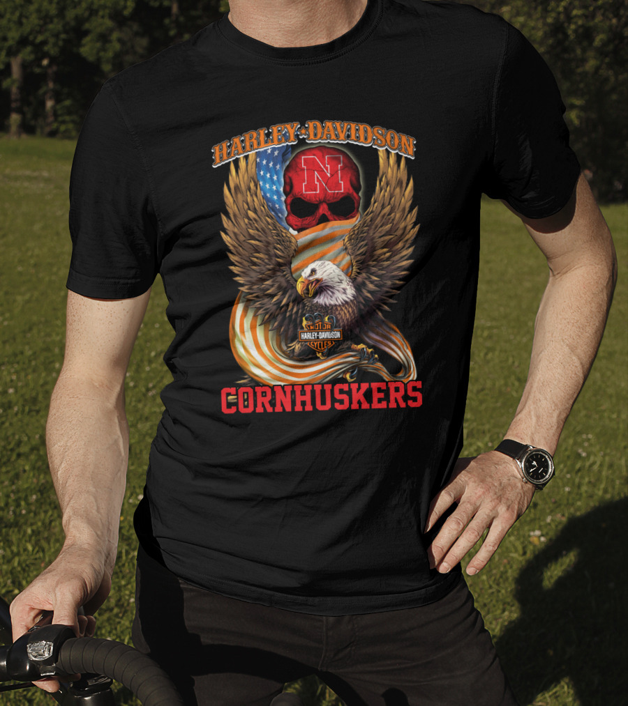 Harley Davidson Cornhuskers Nebraska Skull American Flag Eagle T-Shirt