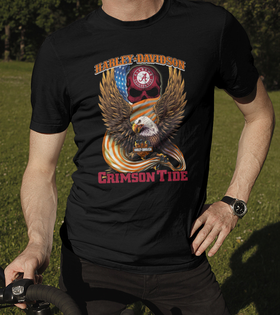Harley Davidson Alabama Crimson Tide Eagle And Skull Flag T-Shirt