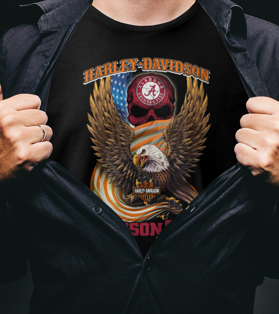Harley Davidson Alabama Crimson Tide Eagle And Skull Flag T-Shirt