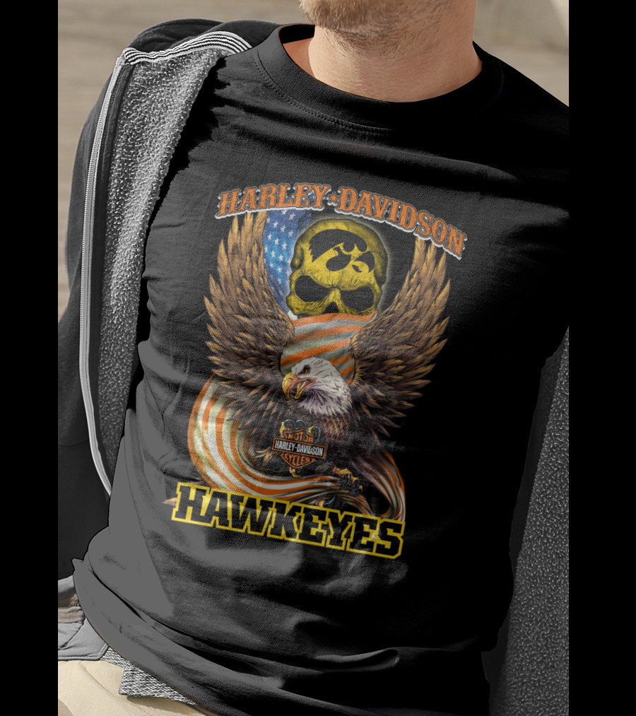 Harley Davidson Iowa Hawkeyes Skull Eagle Cycles Flag T-Shirt