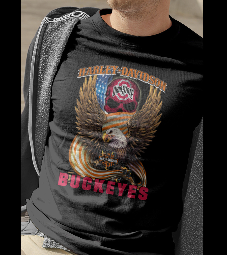 Harley Davidson Ohio State Buckeyes Eagle American Flag T-Shirt