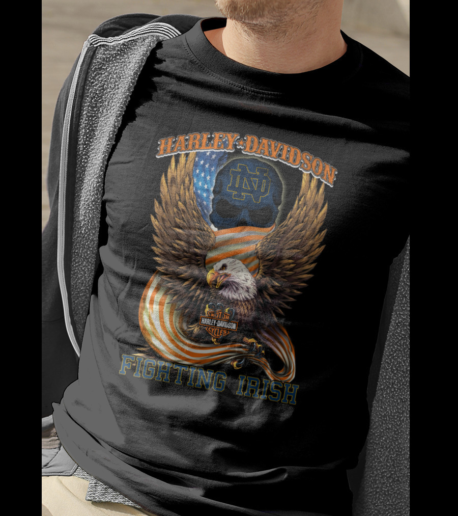 Harley Davidson Notre Dame Fighting Irish Eagle American Flag T-Shirt