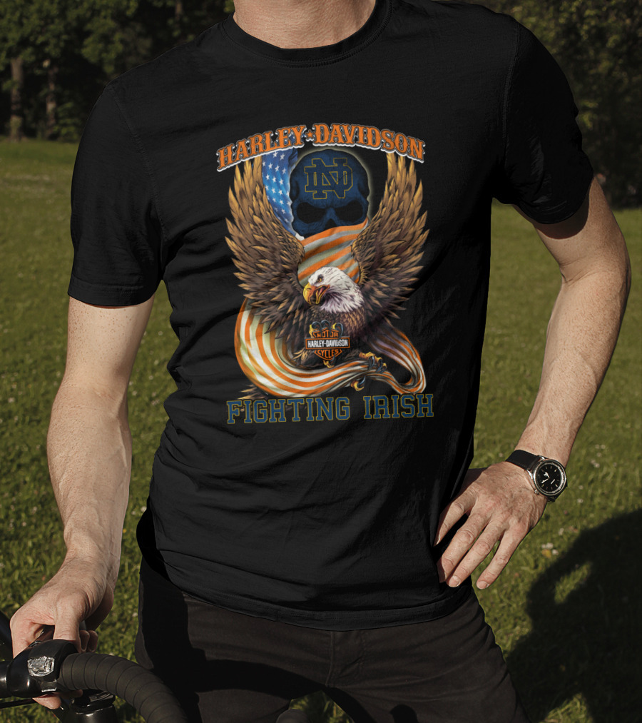 Harley Davidson Notre Dame Fighting Irish Eagle American Flag T-Shirt