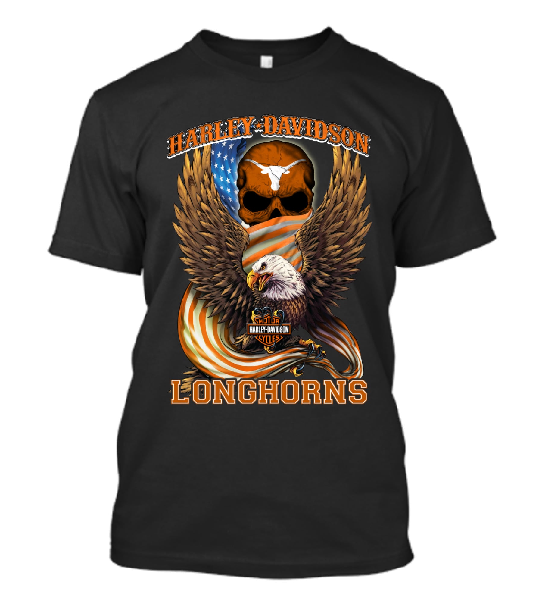 Harley Davidson Longhorns Eagle American Flag Skull T-Shirt