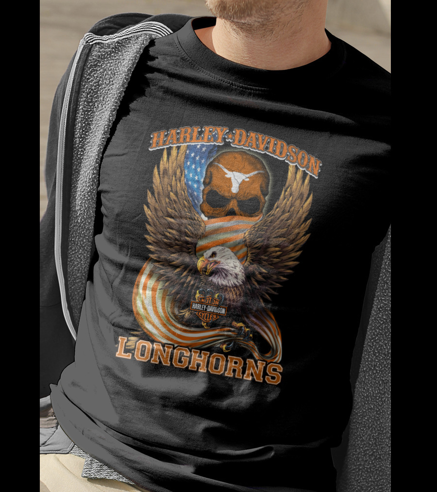 Harley Davidson Longhorns Eagle American Flag Skull T-Shirt