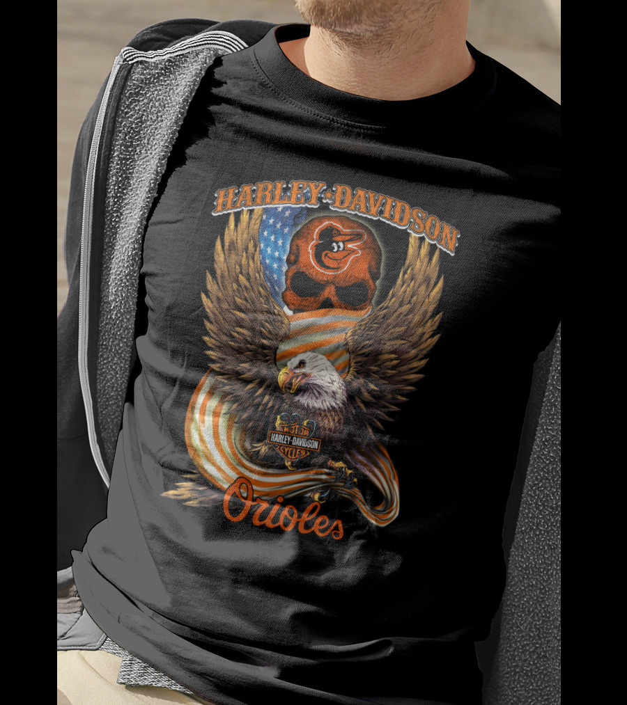 Harley Davidson Cycles Orioles Baltimore Orioles Eagle American Flag T-Shirt