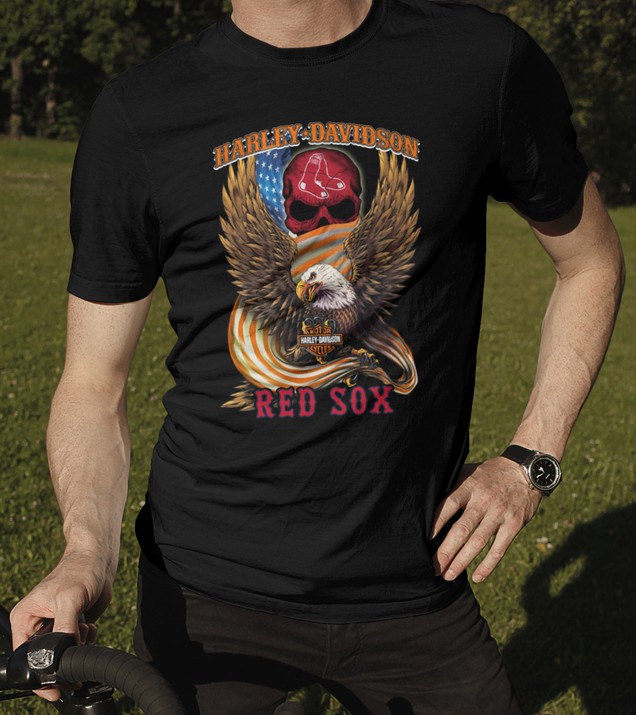 Harley Davidson Boston Red Sox Eagle Skull American Flag Cycles T-Shirt