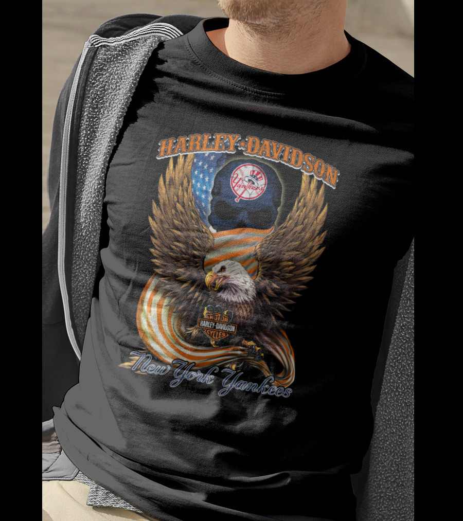 Harley Davidson New York Yankees Bald Eagle American Flag T-Shirt