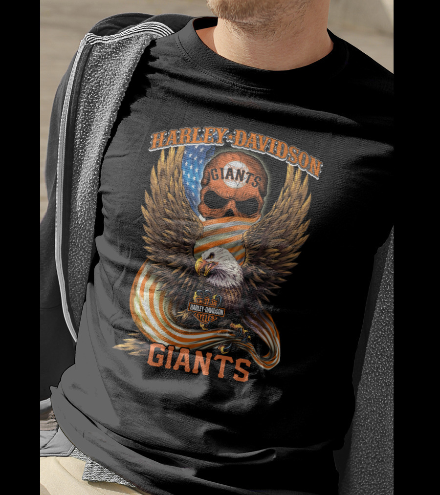 Harley Davidson Giants Bikes Cycles Eagle American Flag Skull T-Shirt