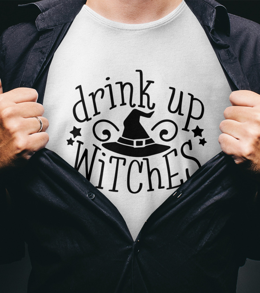 Drink Up Witches Halloween Witch Hat Stars T-Shirt