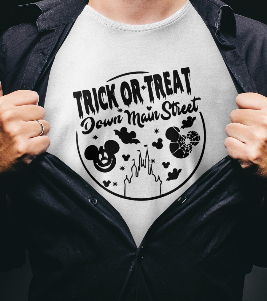 Trick Or Treat Down Main Street Mickey Mouse Halloween Disney Castle T-Shirt