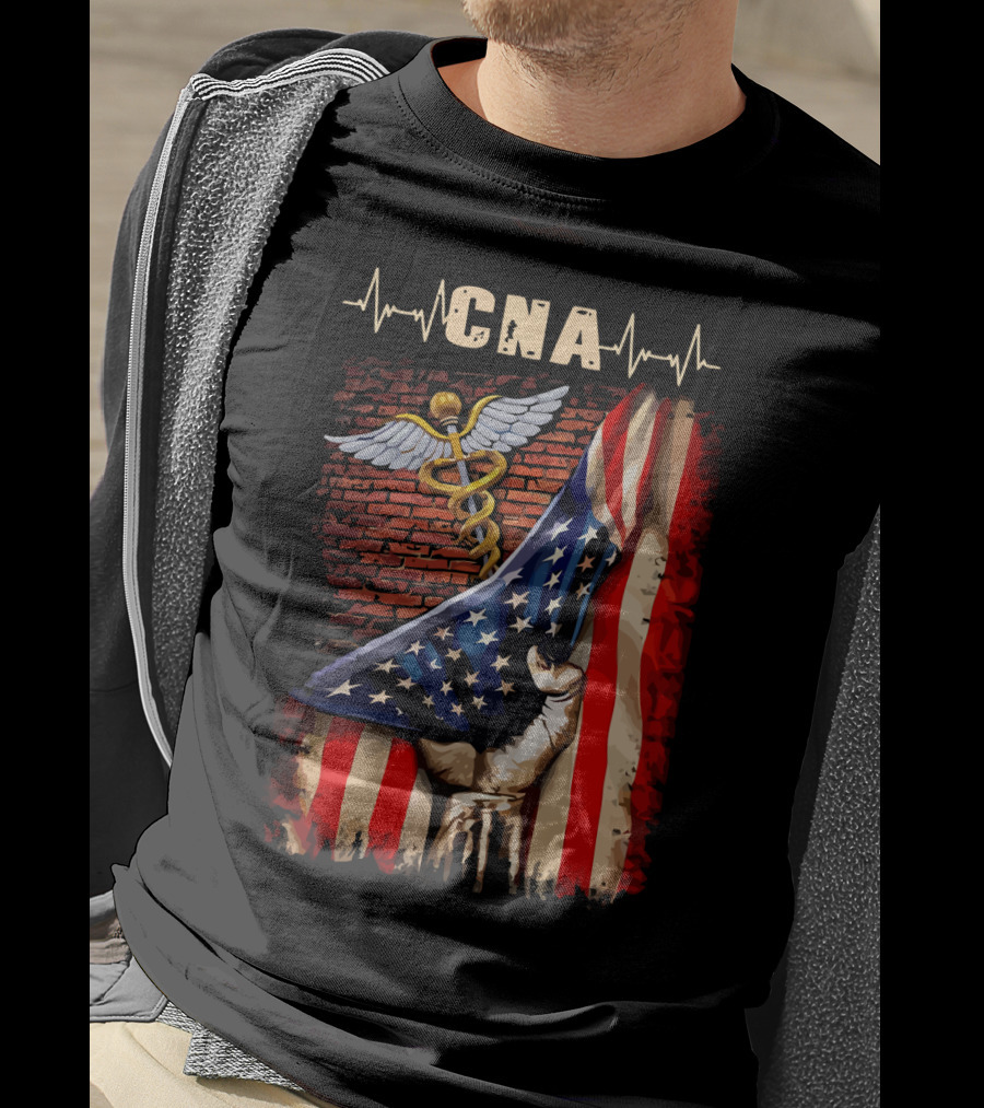 CNA Nurse American Flag Caduceus Symbol With Heartbeat T-Shirt