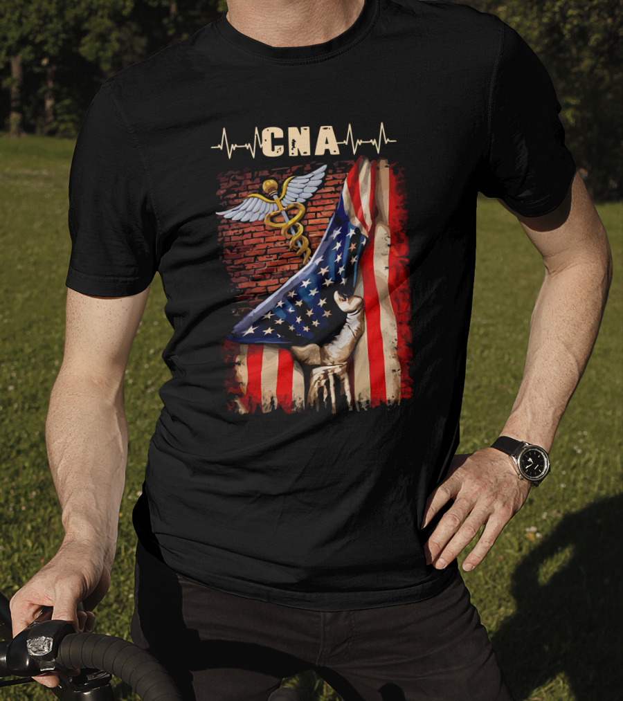 CNA Nurse American Flag Caduceus Symbol With Heartbeat T-Shirt