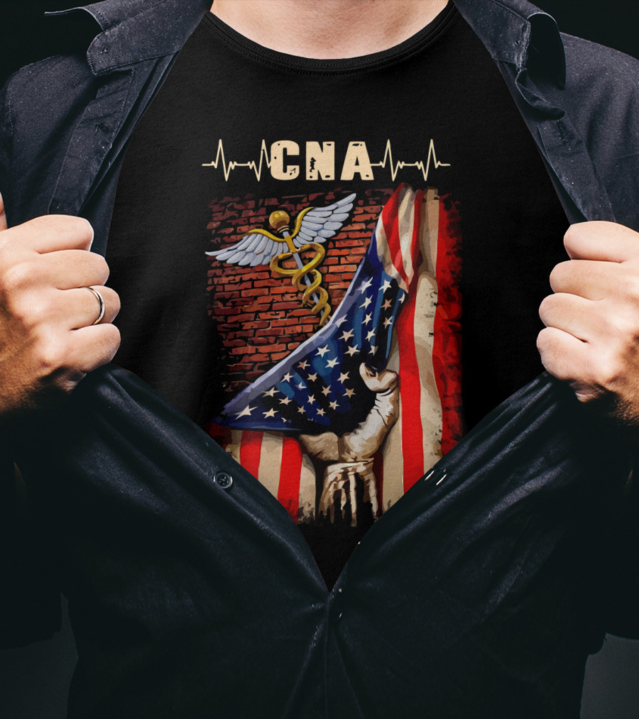 CNA Nurse American Flag Caduceus Symbol With Heartbeat T-Shirt