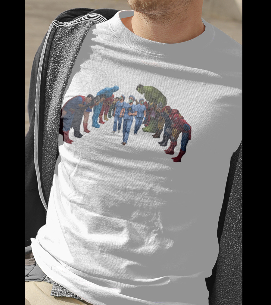 Healthcare Super Heroes Surrounded By Iconic Superhero Characters T-Shirt