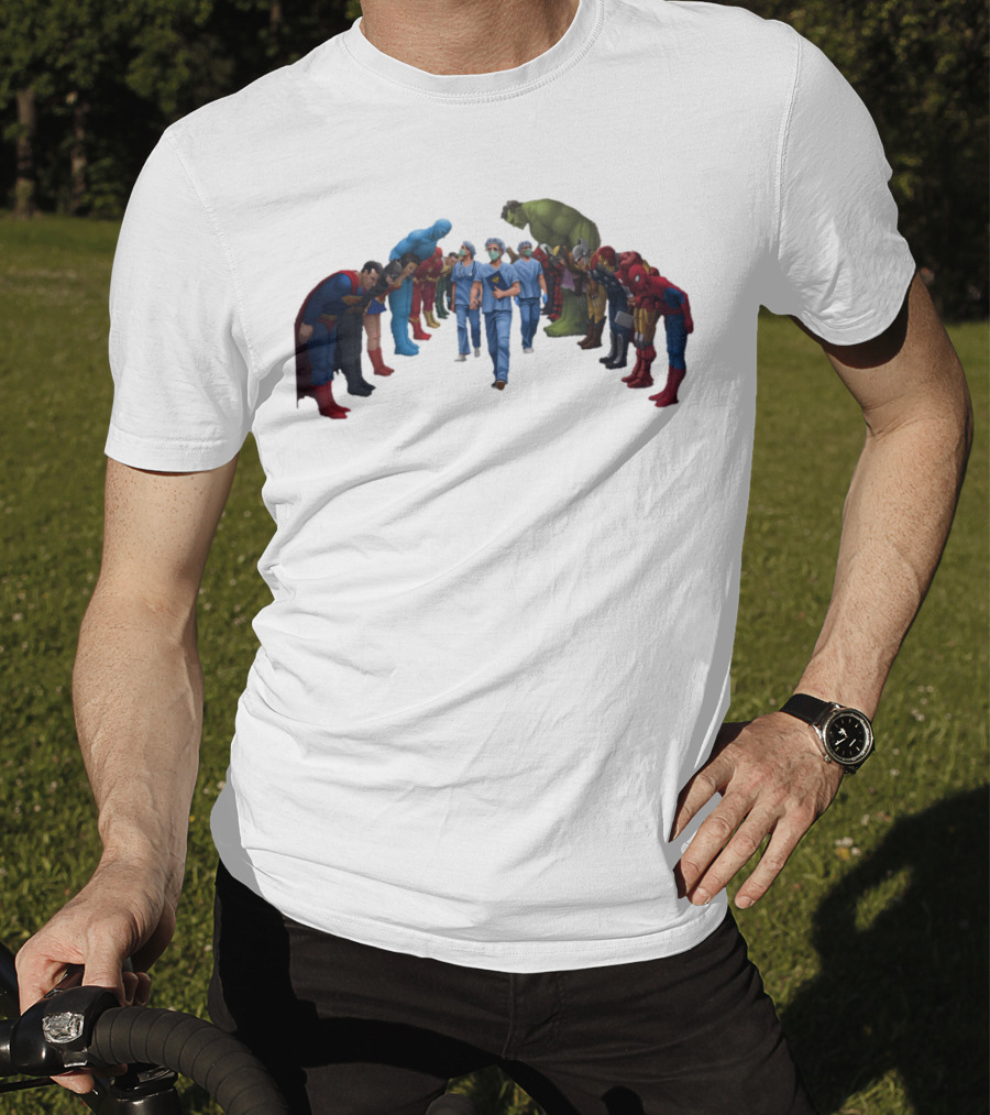 Healthcare Super Heroes Surrounded By Iconic Superhero Characters T-Shirt