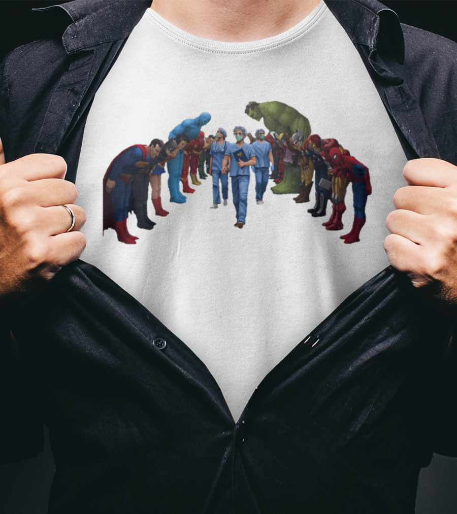 Healthcare Super Heroes Surrounded By Iconic Superhero Characters T-Shirt