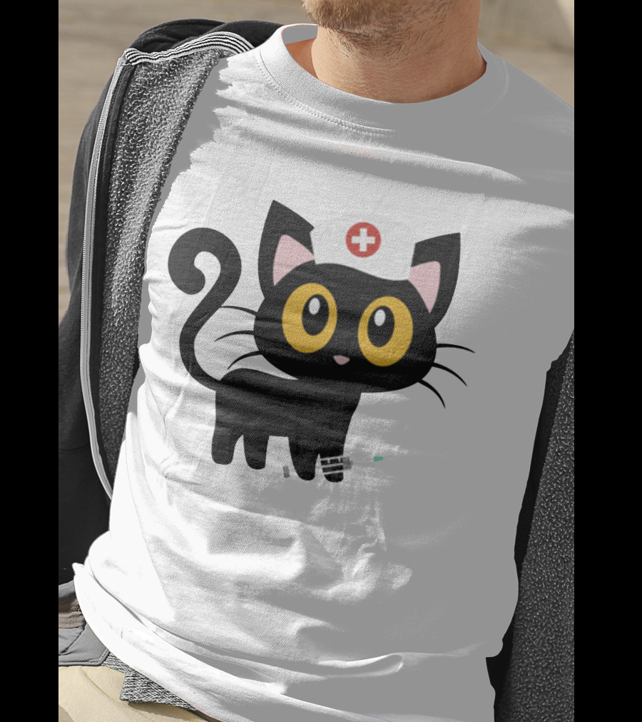 Cat Nurse Cute Black Cat With Syringe And Nurse Hat T-Shirt