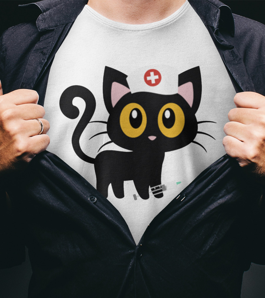 Cat Nurse Cute Black Cat With Syringe And Nurse Hat T-Shirt