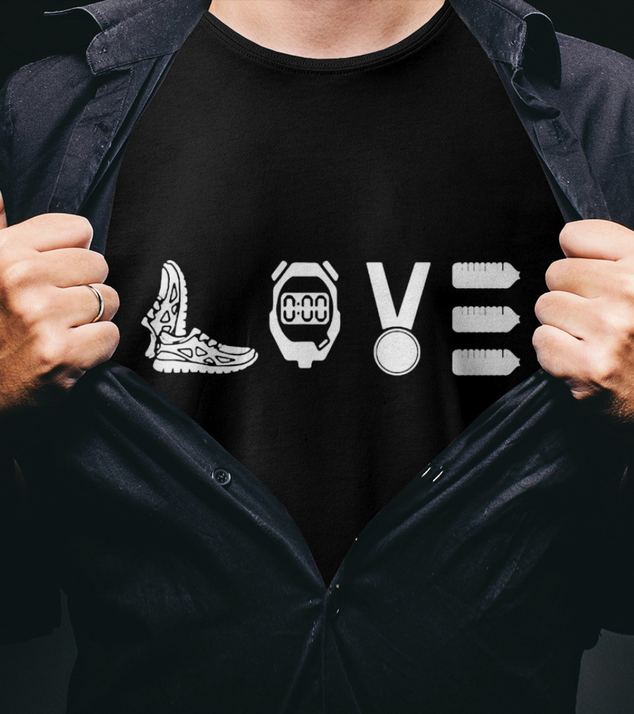 LOVE RUNNING Stopwatch Medal Shoes Bottles T-Shirt