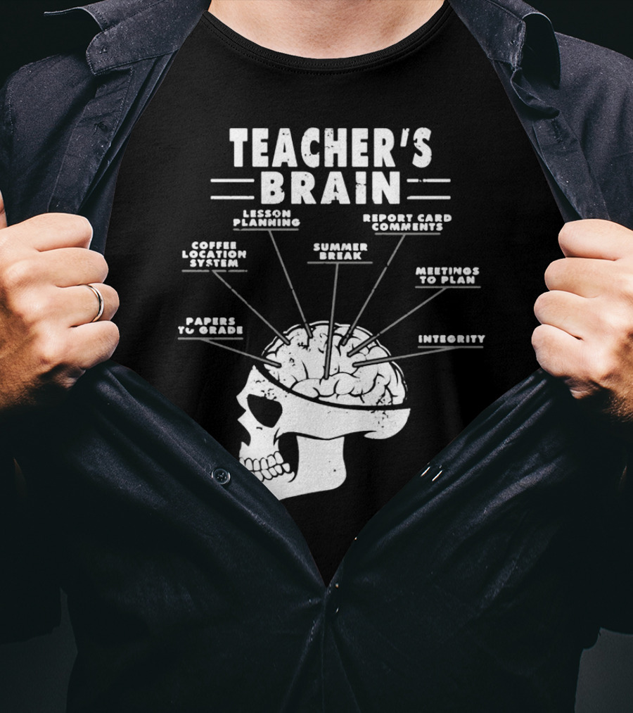 Teacher's Brain Funny Teacher Lesson Planning Report Card Comments Coffee Location System Summer Break Meetings To Plan Papers To Grade Integrity T-Shirt