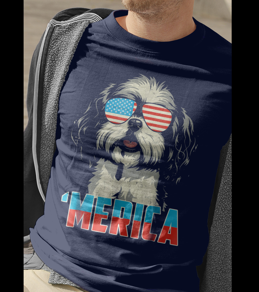 Patriotic Shih Tzu 'Merica With American Flag Sunglasses T-Shirt