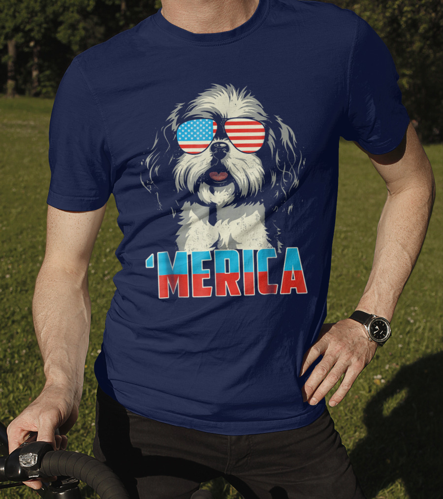 Patriotic Shih Tzu 'Merica With American Flag Sunglasses T-Shirt
