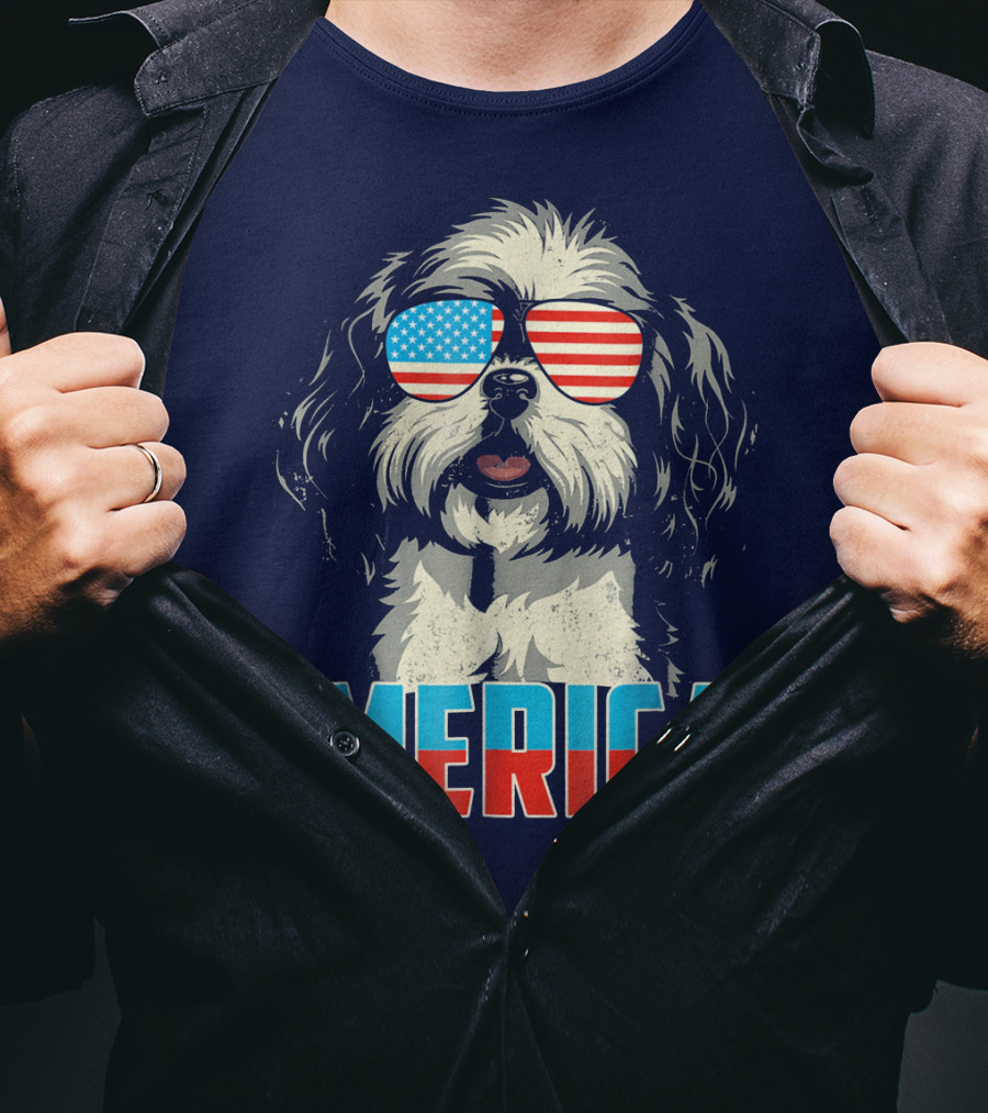 Patriotic Shih Tzu 'Merica With American Flag Sunglasses T-Shirt