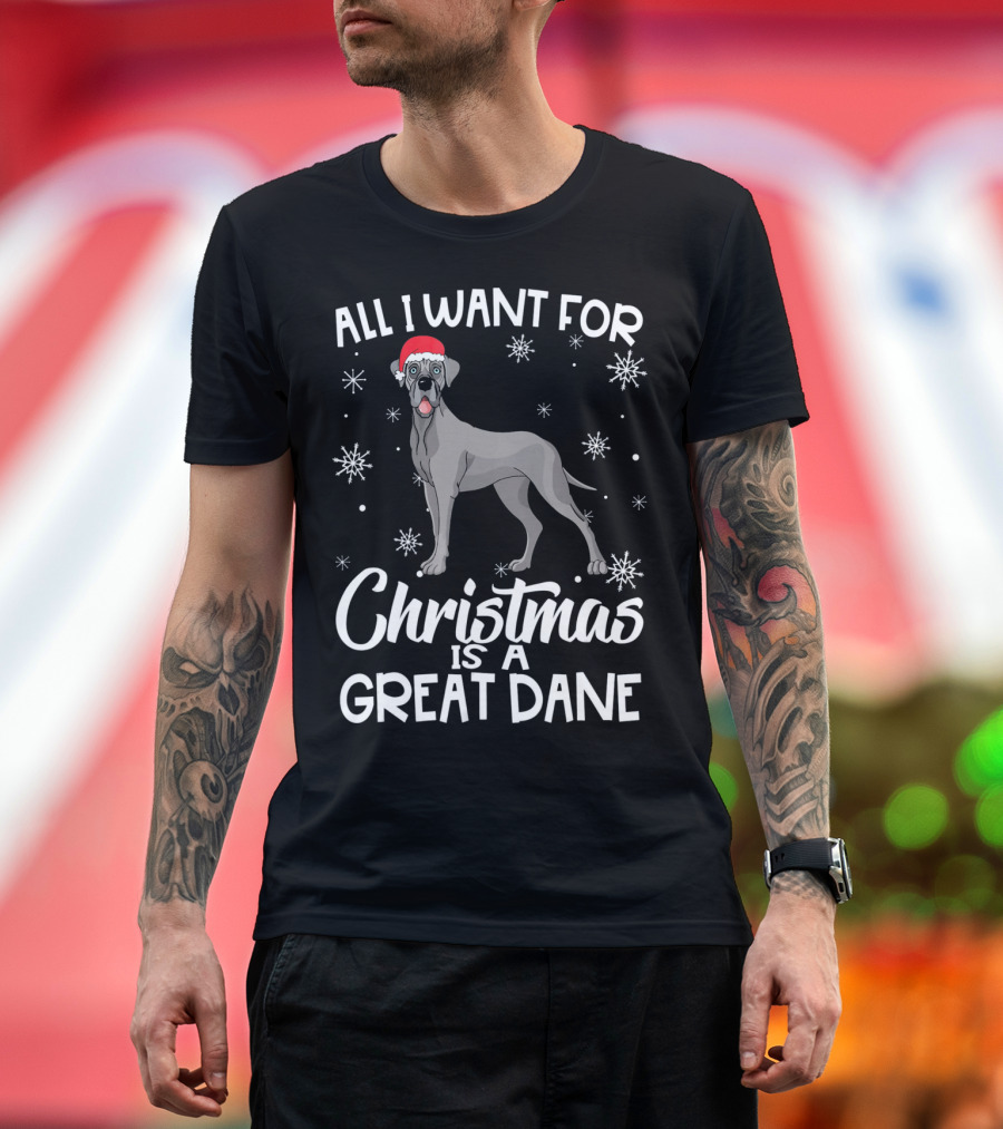 All I Want For Christmas is a Great Dane with Santa Hat and Snowflakes T-Shirt