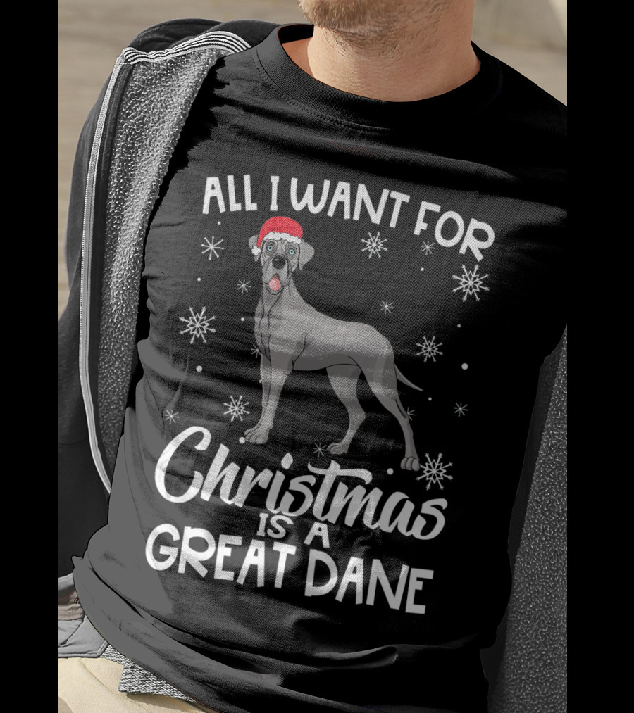All I Want For Christmas Is A Great Dane With Santa Hat And Snowflakes T-Shirt