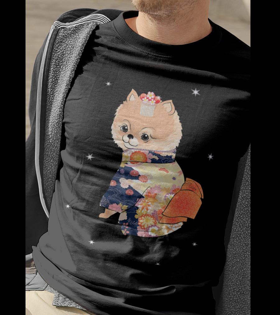 Pomeranian Dog In Floral Kimono With Stars T-Shirt