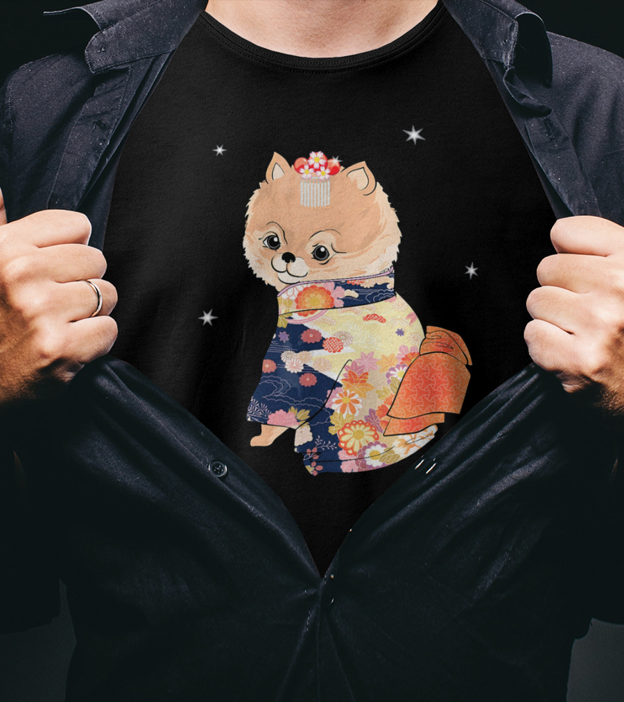 Pomeranian Dog In Floral Kimono With Stars T-Shirt