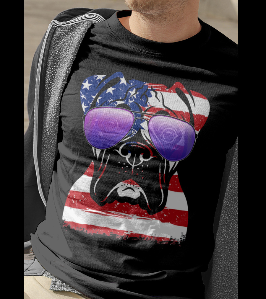 Boxer Dog With American Flag Sunglasses Patriotic T-Shirt
