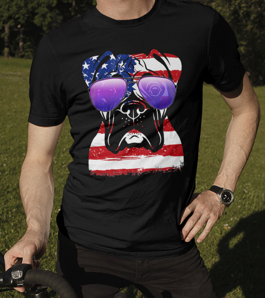 Boxer Dog With American Flag Sunglasses Patriotic T-Shirt