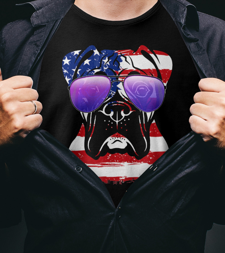 Boxer Dog With American Flag Sunglasses Patriotic T-Shirt
