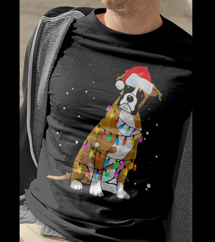 Boxer Dog Wrapped In Christmas Lights With Santa Hat T-Shirt