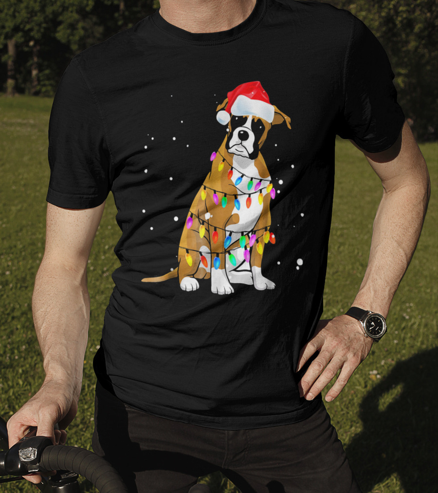 Boxer Dog Wrapped In Christmas Lights With Santa Hat T-Shirt