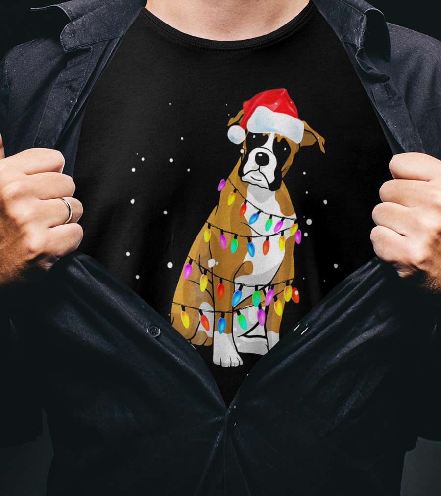Boxer Dog Wrapped In Christmas Lights With Santa Hat T-Shirt