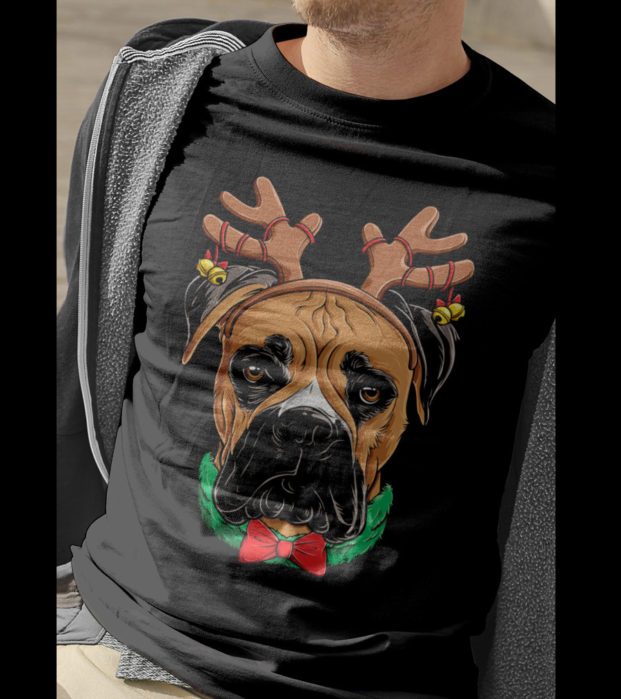 Boxer Dog With Reindeer Antlers Bow Tie Christmas T-Shirt