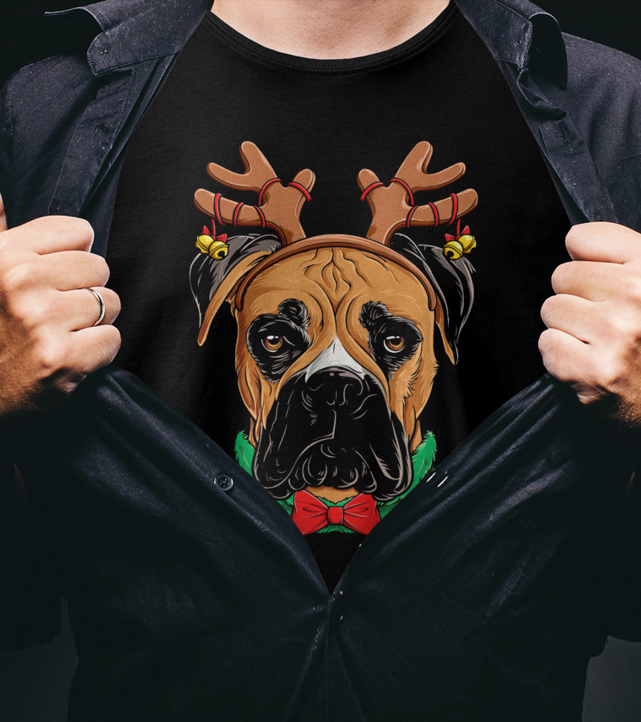 Boxer Dog With Reindeer Antlers Bow Tie Christmas T-Shirt