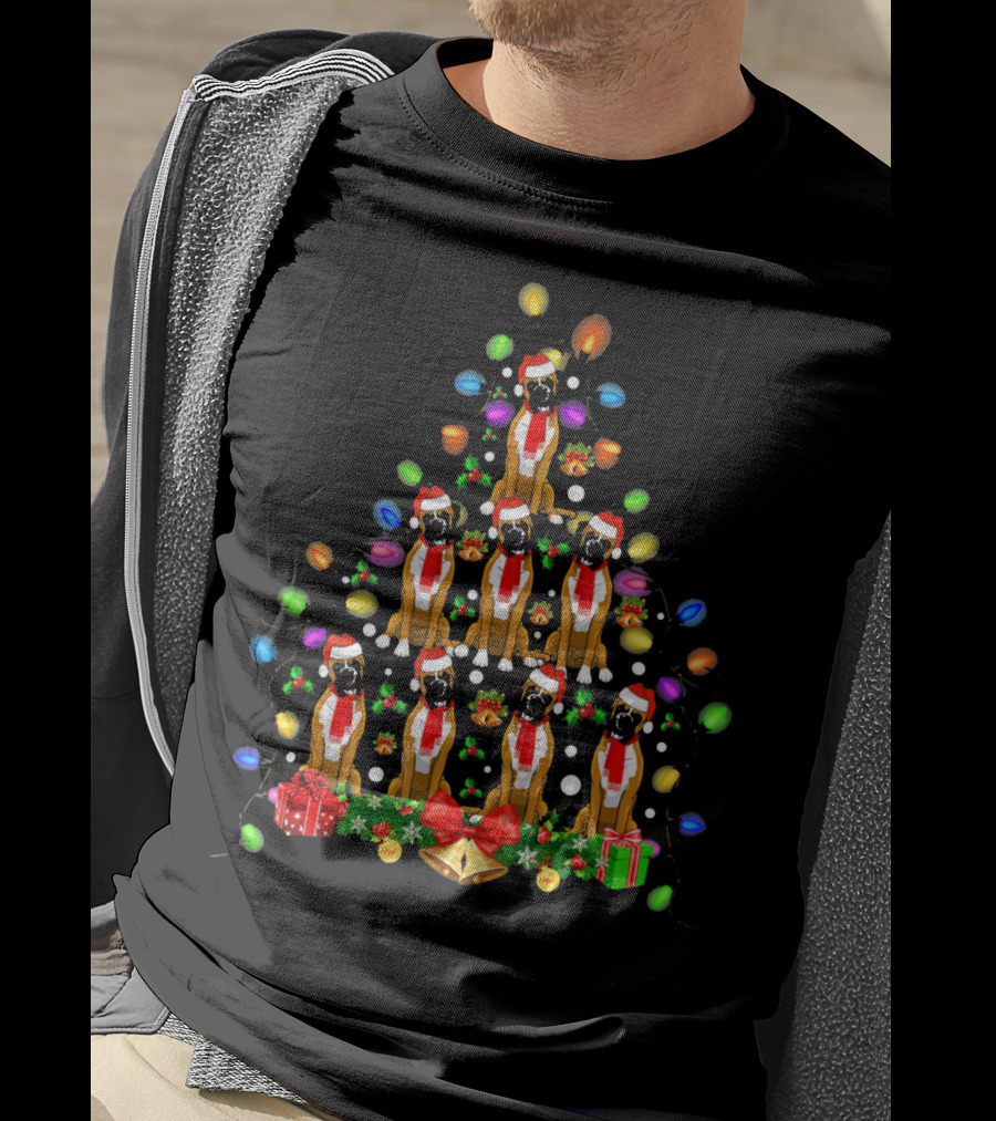 Boxer Dogs In Christmas Tree With Lights And Santa Hats T-Shirt